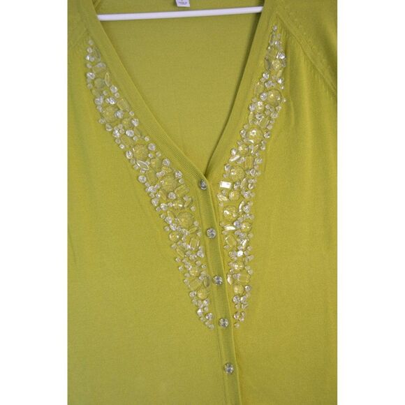 Susan Graver Women's Large Green Embellished 3/4 Sleeve Button Cardigan Sweater - Picture 4 of 11